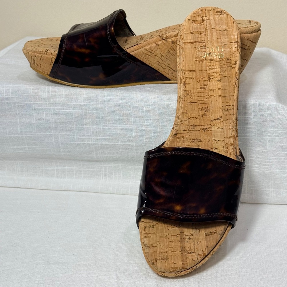 Stuart Weitzman Tortoise Patent‎ Cork Wedge Slide Sandals Women's Sz 8.5M Resort - Picture 14 of 15
